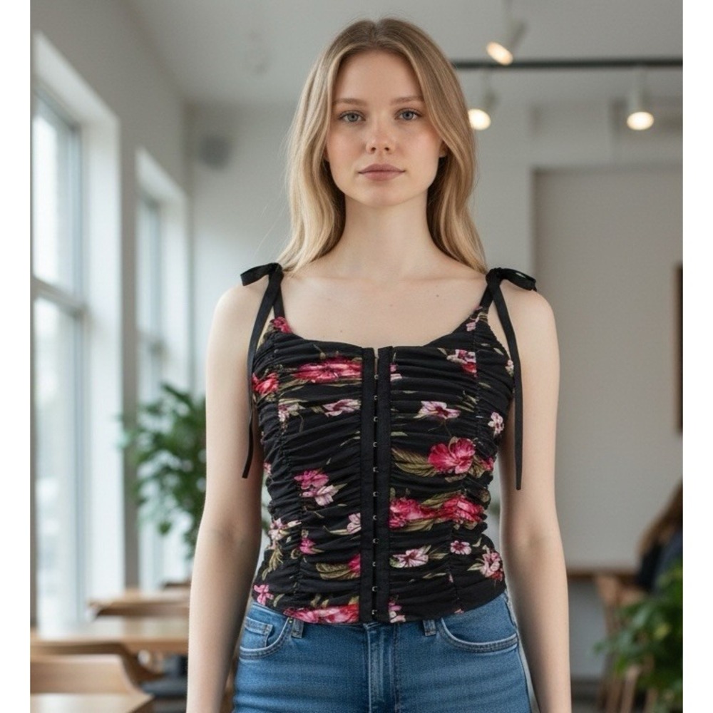 Guess Womens S Bustier Black Floral Ruched Hook &‎ Eye Y2K Siren Vamp